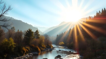 Spring Forest Mountain River in Sunlight