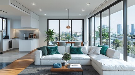 A bright and airy living room with large windows, a white sofa, a dining table near the glass door leading to a balcony overlooking the city view, and a modern kitchen in the background.