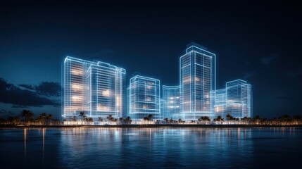 High-tech building construction at night urban residence skyline holograms