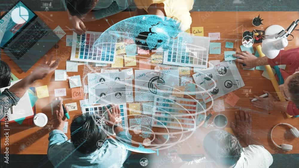 Poster top view of creative designer working together brainstorming idea by using sticky notes at meeting t