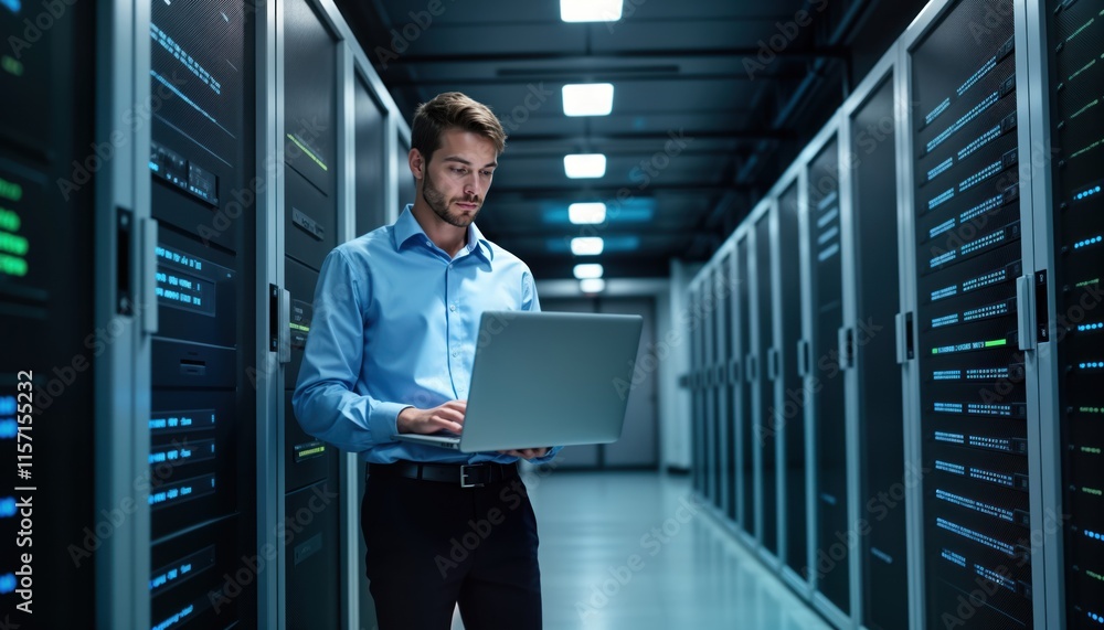 Poster Tech specialist works in data center. Male engineer uses laptop to monitor server racks. Checking network security, cloud computing. Pro looks focused on server management in modern infrastructure.