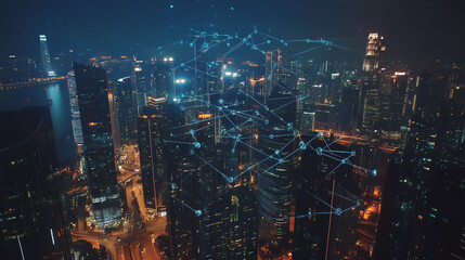 Fototapeta premium Smart digital Innovation city with connection network reciprocity over the cityscape. of future smart wireless digital city and social media networking systems that connects people with in city