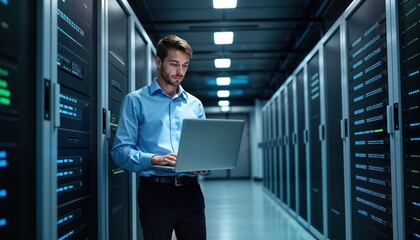 Tech specialist works in data center. Male engineer uses laptop to monitor server racks. Checking network security, cloud computing. Pro looks focused on server management in modern infrastructure.