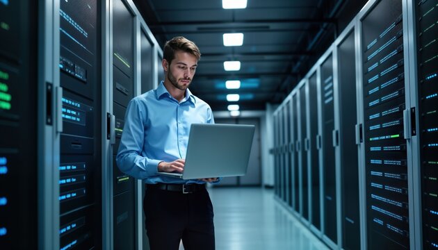 Tech specialist works in data center. Male engineer uses laptop to monitor server racks. Checking network security, cloud computing. Pro looks focused on server management in modern infrastructure. - Powered by Adobe
