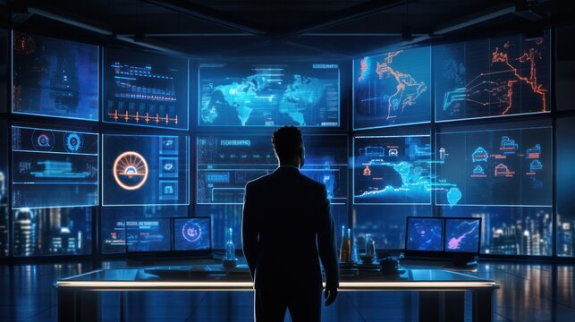 A business professional analyzing large data sets on a digital interface, surrounded by AI-driven graphs and charts,