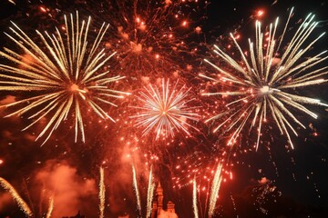 Iconic fireworks dramatically burst above a historic building, adding brilliance and festivity to the night sky, crafting a classic scene of celebration and heritage.
