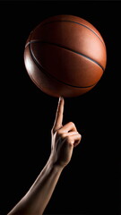 Hand balancing basketball on fingertip against black background, symbolizing agility, skill, and control. Perfect for sports advertising, educational materials, and motivational posters