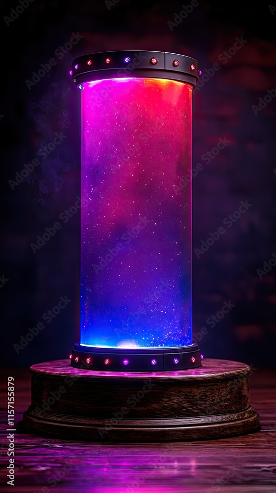 Poster a glowing cylindrical display with swirling colors, creating a mesmerizing visual effect.
