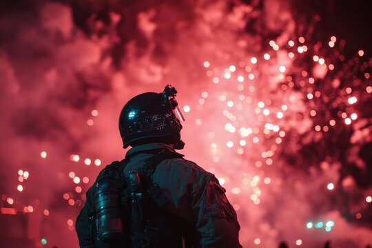A dramatic image of an armored individual gazing skyward, captivated by an array of vibrant red and pink fireworks filling the night sky with a stunning display.