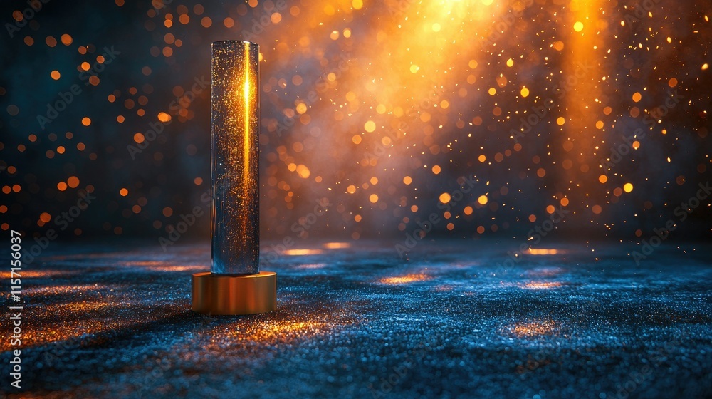 Poster a glowing crystal-like structure on a textured surface, illuminated by warm light and particles.