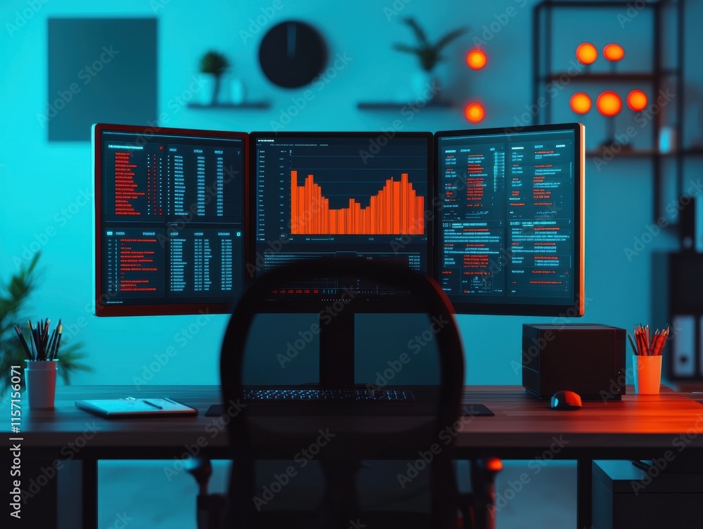 Aufkleber Programmer analyzing data on multiple monitors in modern office at night