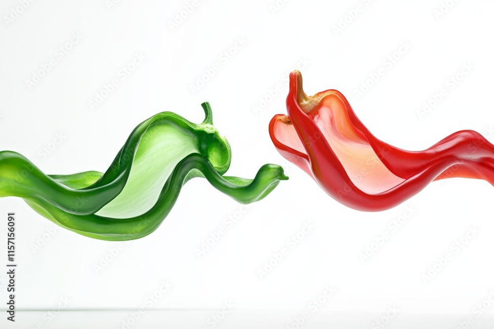 Aufkleber a creative and abstract image of red and green bell peppers, digitally swirled in motion, evoking ar
