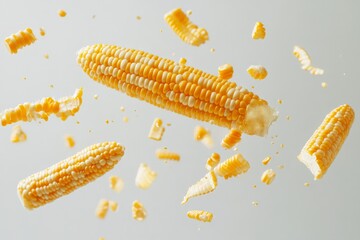 A mid-air shot of a corn cob with kernels floating apart, capturing the dynamic essence and texture of fresh farm produce in a visually impactful manner.