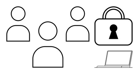 Group of people icons next to a padlock symbol and a laptop. Ideal for team collaboration, cybersecurity, secure access, digital information, data protection, online security, remote work. Line