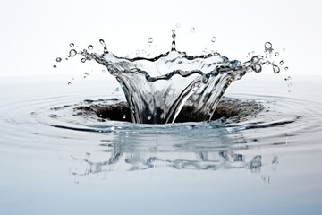 A splash of water created by a stone dropping into a calm, still pond, with droplets and ripples clearly visible
