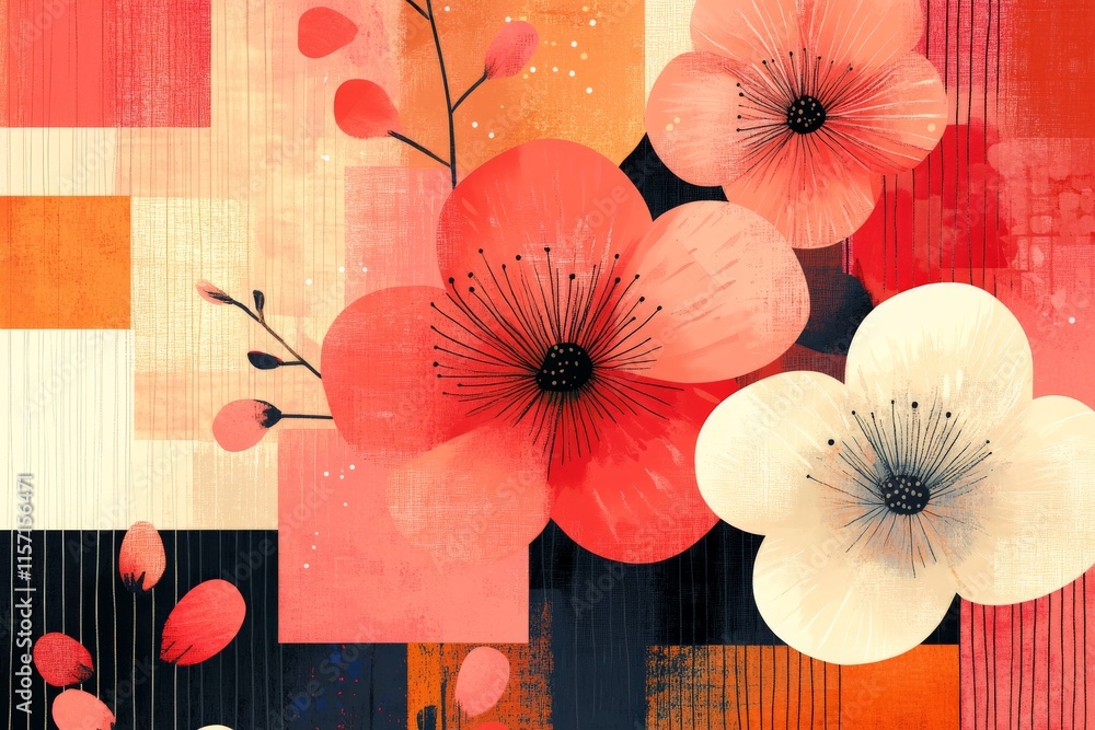 Poster An abstract artistic piece featuring vibrant red floral motifs set against a geometric pattern of blocks, creating a dynamic and visually intriguing composition.
