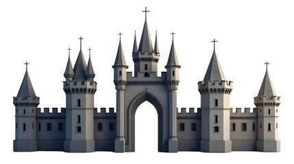 Obraz premium Majestic Graystone Castle Gate: A 3D Render of Medieval Grandeur, Imposing Towers, and an Archway Entrance. , cut out