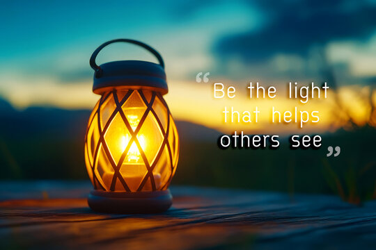 Vintage lantern glowing warmly in serene evening landscape with inspirational quote
