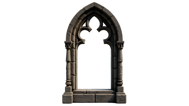 A majestic Gothic window arch, exquisitely detailed, stands.  Its stonework whispers tales of ages past., cut out