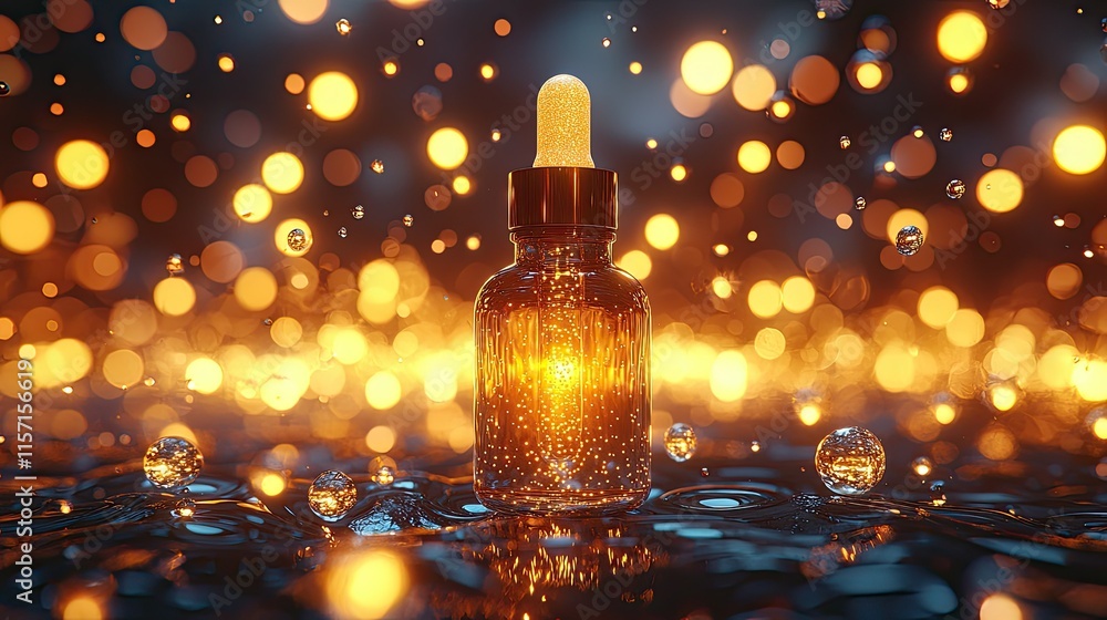 Poster a glowing dropper bottle surrounded by sparkling droplets and soft bokeh lights.
