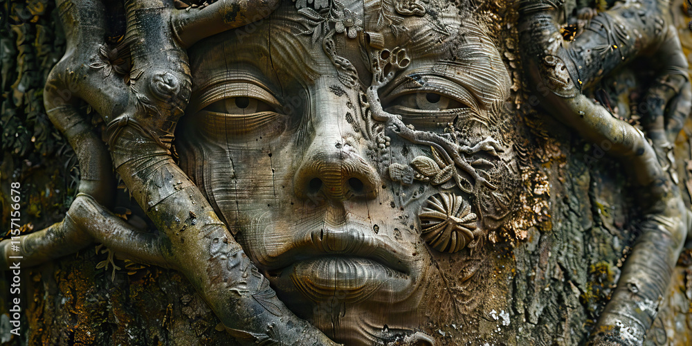 Poster Carved Wooden Face Embedded in Tree Trunk with Intricate Rootwork
