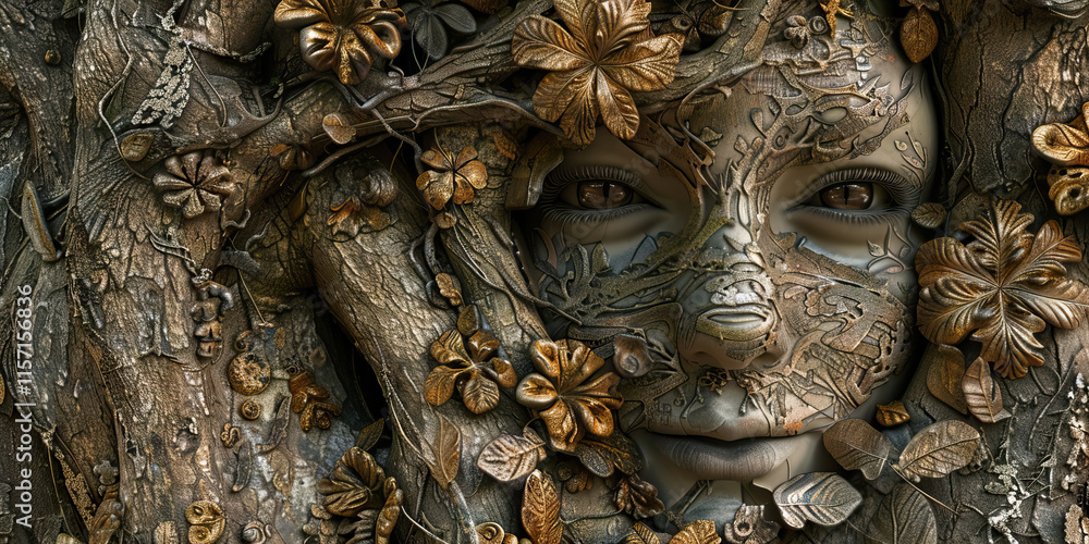 Poster digital artwork: face embedded in tree bark and metallic foliage
