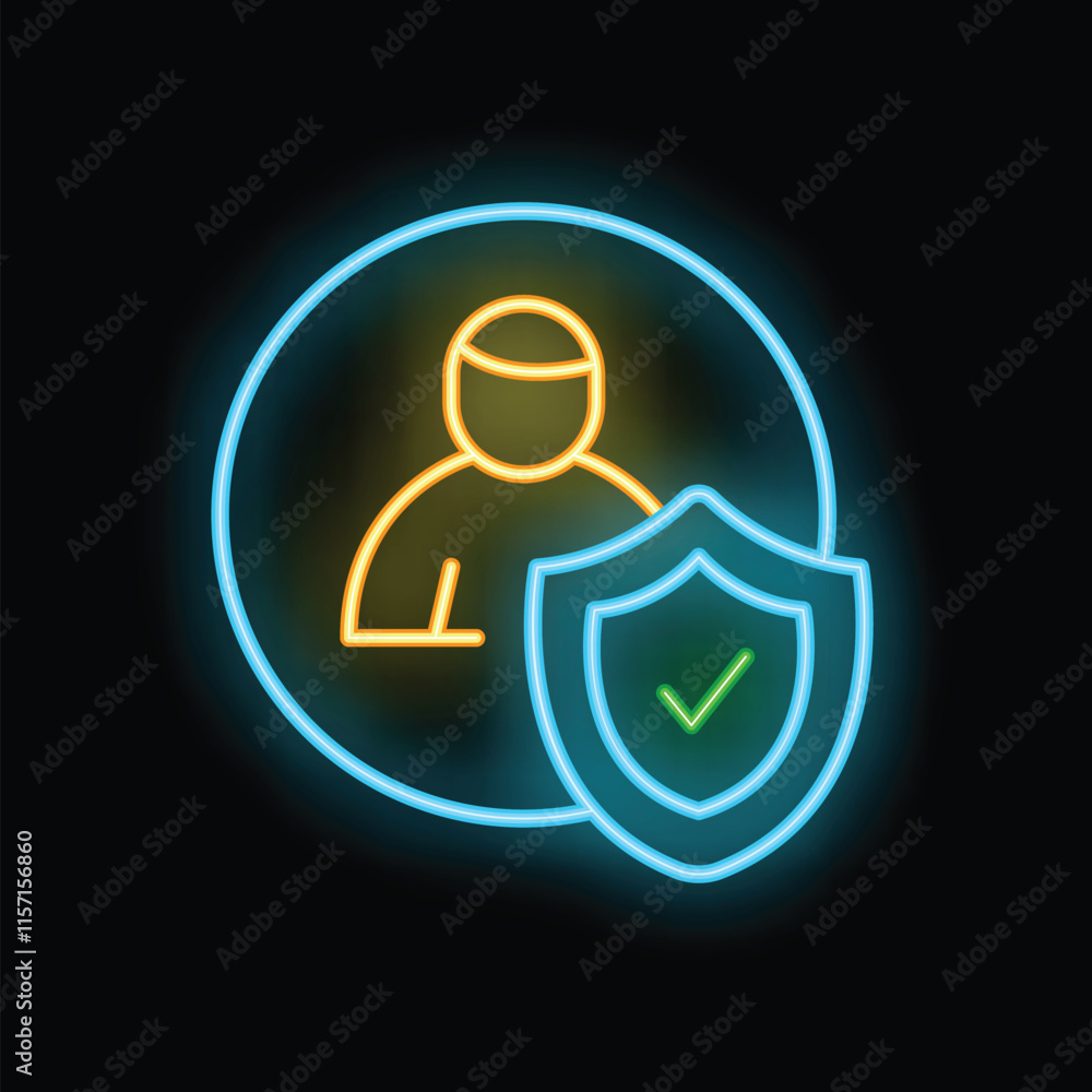 Poster neon icon showing the concept of personal security with a person inside a circle and a shield with a