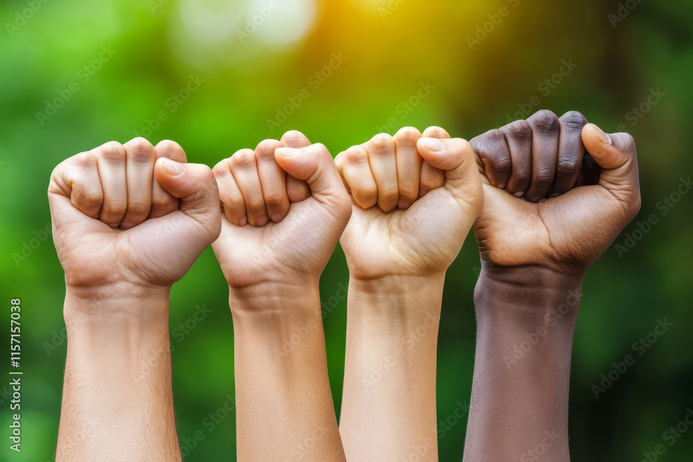 Poster unity and strength expressed through diverse fists raised in solidarity against nature background