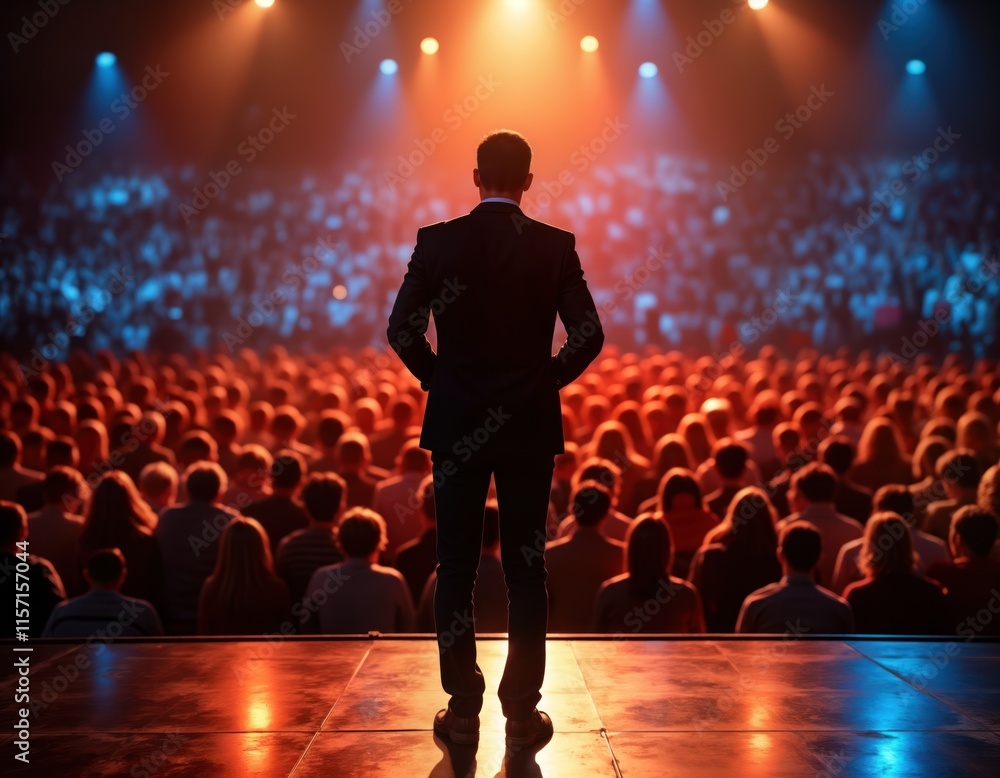 Poster man stands center stage. large audience fills venue. event likely performance presentation. silhouet