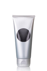 Gray cosmetics type of bottle. Full depth of view. Isolated on a pure white background.