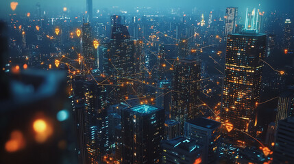 Smart digital Innovation city with connection network reciprocity over the cityscape. of future smart wireless digital city and social media networking systems that connects people with in city