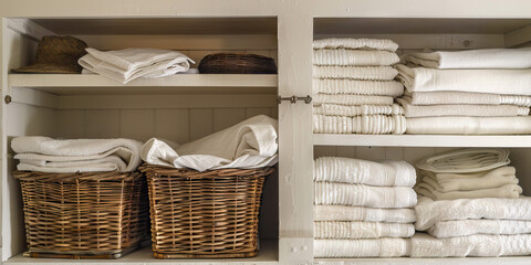 White Linen and Towels in a Wooden Cabinet