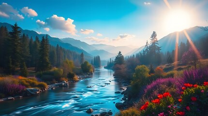 Spring Forest Mountain River in Sunlight