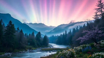 Spring Forest Mountain River in Sunlight