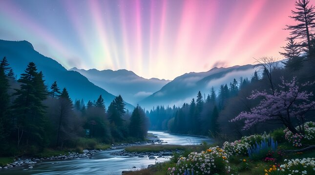 Spring Forest Mountain River in Sunlight