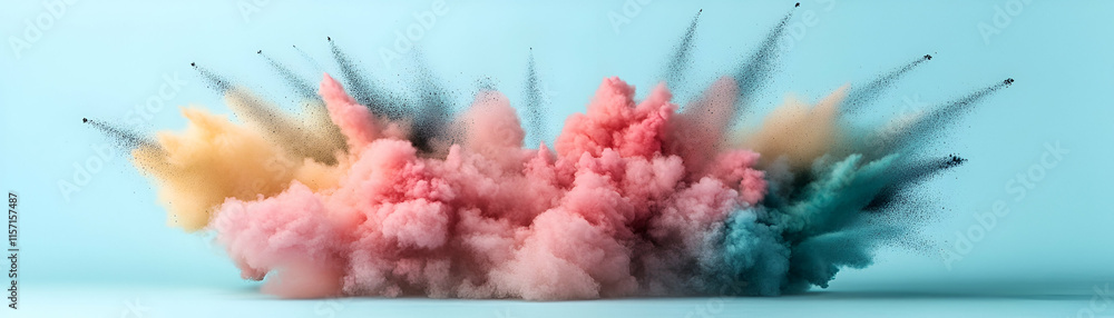 Poster vibrant color explosion, a symphony of hues bursts forth dynamically on a pale blue background, crea