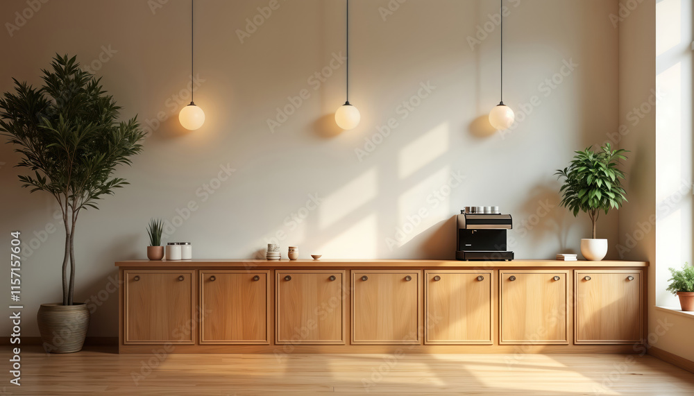 Poster modern cafe interior with empty wall wooden counter. sunlight streams through window. minimalist sty