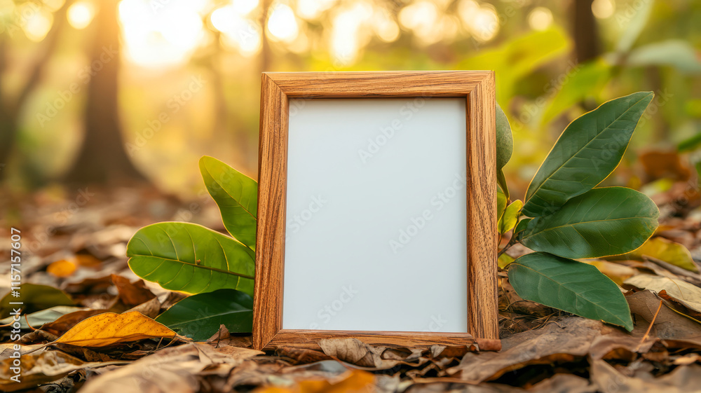 Poster empty photo frame surrounded by leaves and nature in autumn forest with soft background light