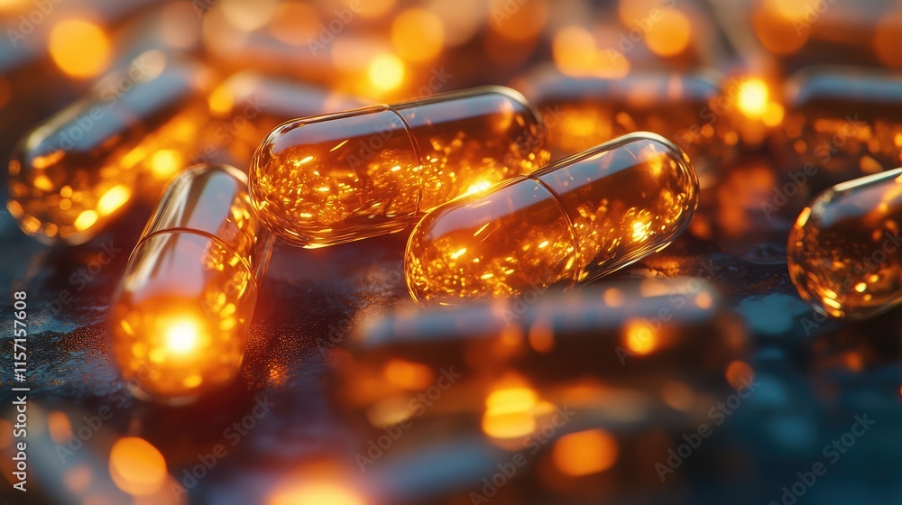 Poster a close-up view of scattered translucent capsules with intricate liquid cores, lying on a textured s