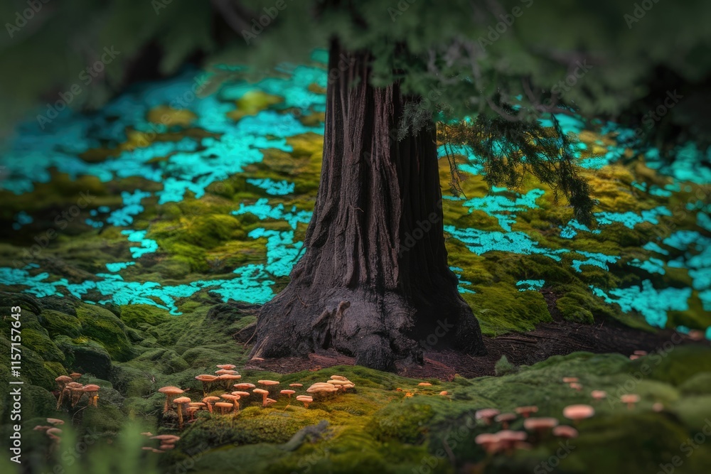 Poster enchanted forest scene with glowing moss, a large tree, and clusters of mushrooms.
