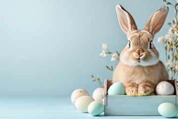 Fototapeta premium A charming and delightful Easter Bunny is surrounded by a plethora of colorful eggs and blossoming branches, all set against a serene soft blue backdrop that enhances the festive atmosphere