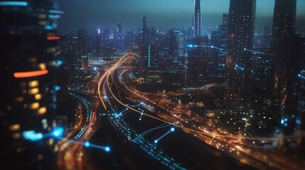 Smart digital Innovation city with connection network reciprocity over the cityscape. of future smart wireless digital city and social media networking systems that connects people with in city