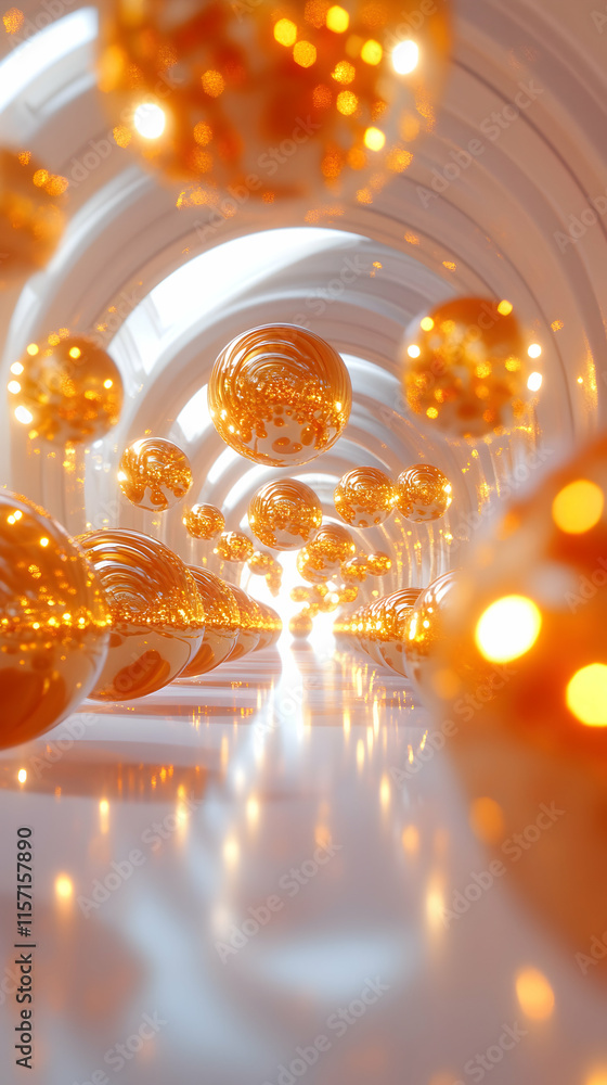 Poster golden spheres in an archway, illumination and reflection in an abstract tunnel, creating a visually