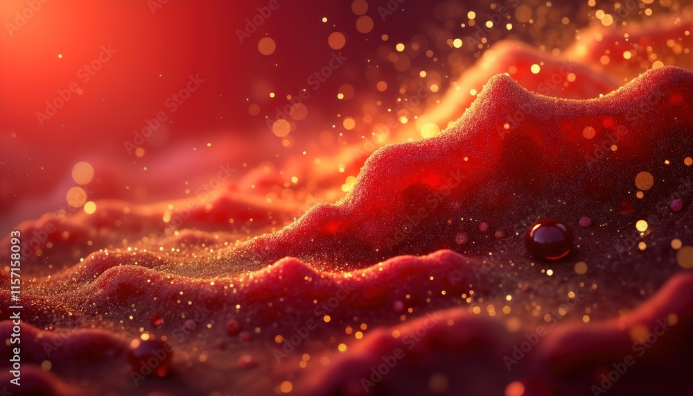 Poster red liquid flows with golden glitters. red background gold sparkles. magic galaxy of golden dust par