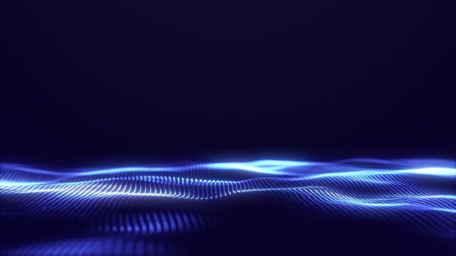 Abstract blue glowing minimalist energy waves from digital particles and magical dots. futuristic sci fi connection flow of shiny bokeh fractals on virtual fantasy background. 4k 60fps looped graphic.