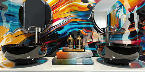 Modern Bathroom with Abstract Wall Art, Black Sinks, and Round Mirrors