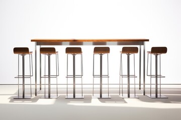 Modern seating area with high bar tables and stools arranged neatly, featuring sleek metal and wooden finishes, isolated on white background