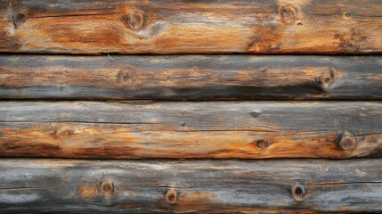 Naklejka premium Rustic Wooden Wall Texture: A close-up view of weathered wooden planks, showcasing the natural beauty of wood with its knots, grain, and rich color variations. 