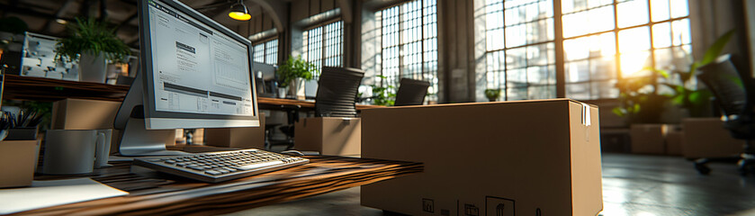 Modern Office Relocation, Desk Setup amidst Moving Boxes in a Sunlit Workspace.  New Beginnings, Transitioning, Efficiently.
