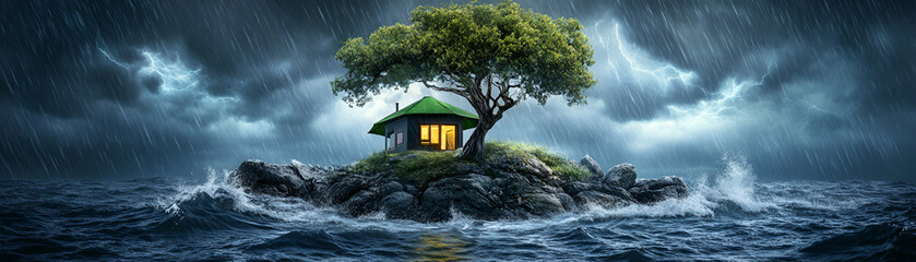 Small House on a Rocky Island During a Storm, Illuminated by Interior Light, Waves Crashing Against the Shore.